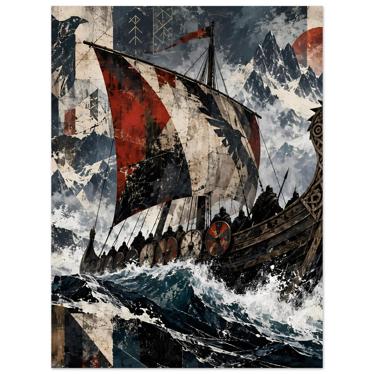 Poster mit Wikingerschiff und roten Segeln, Drachenkopf am Heck, im Hochformat