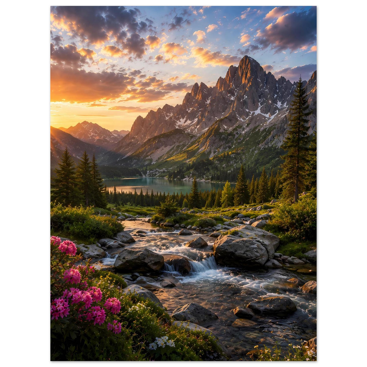 Wandposter im Hochformat mit Sonnenaufgang über Bergmassiv, Bach, Felsen, Tannen und Blüten.