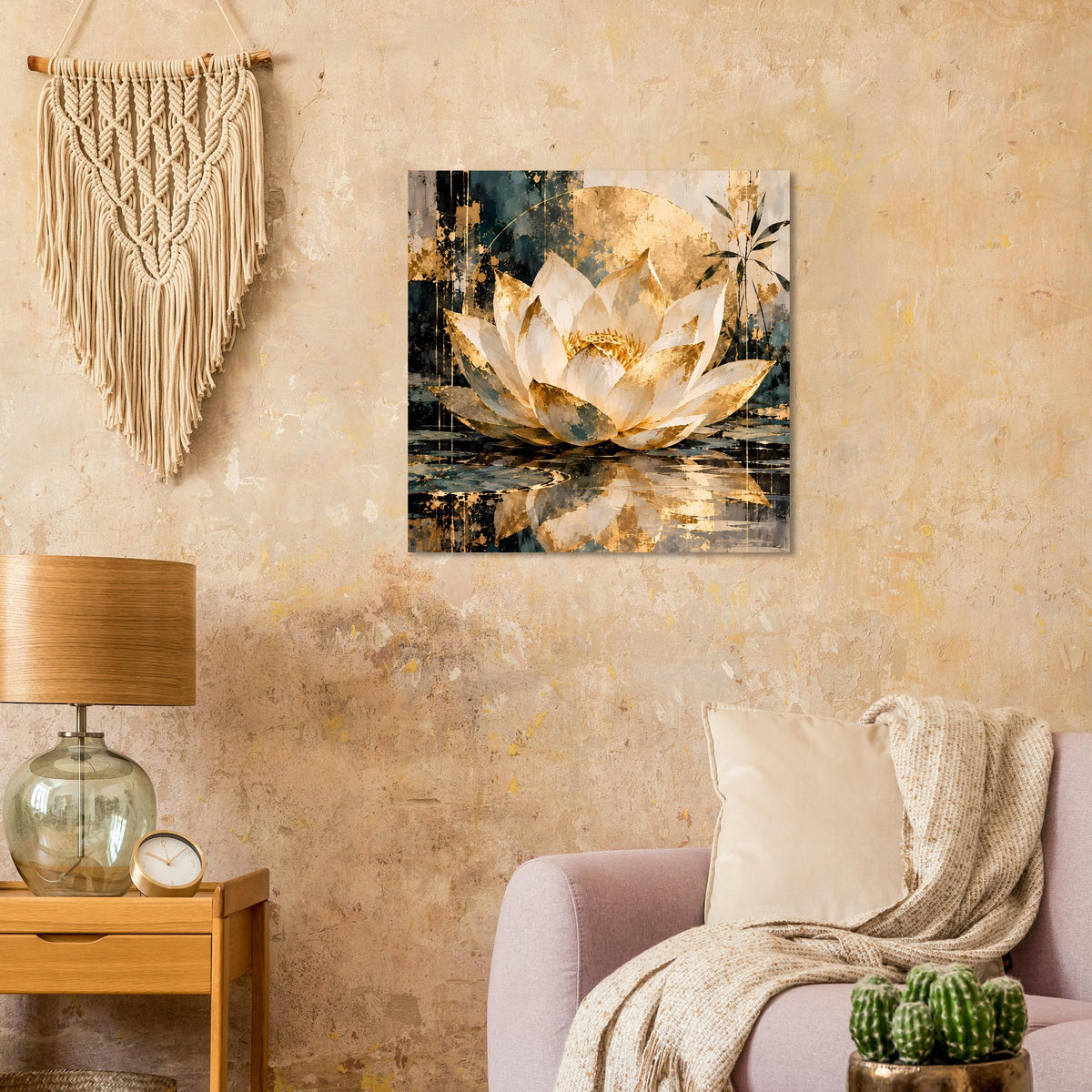 Quadratisches Wandposter mit Lotus-Papierkunst: cremefarbene Blüte, goldene Akzente, dunkel
