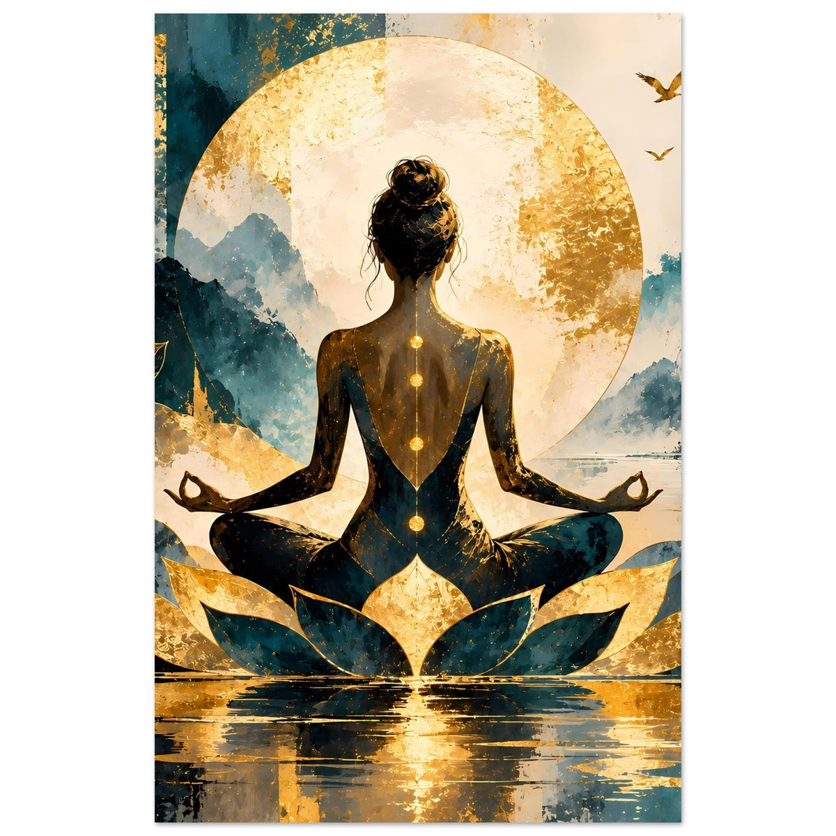 Lotus-Poster mit Meditationsfigur, großer goldener Scheibe im Hintergrund und goldenen Lotusblättern