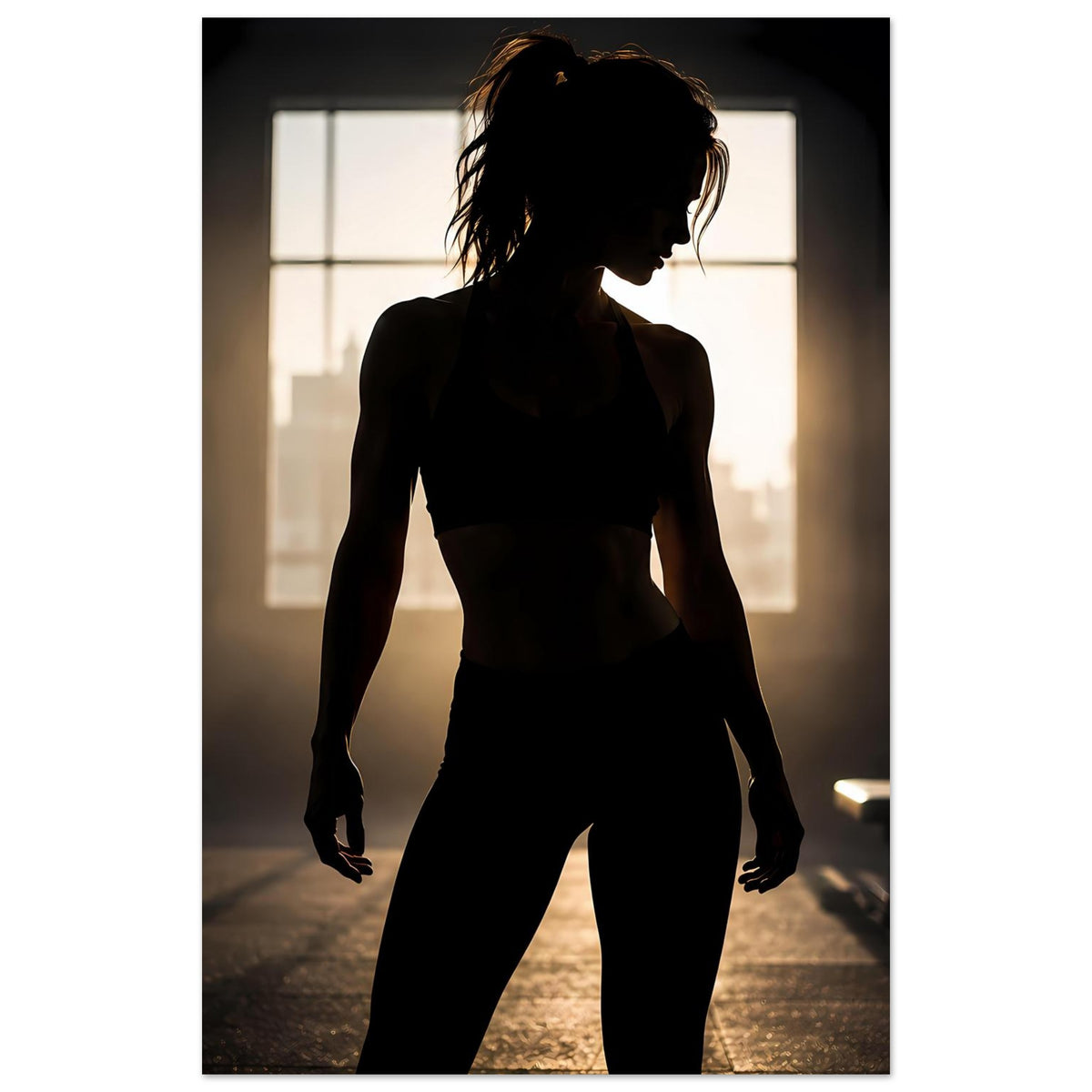 Fitness-Poster mit dunkler Silhouette einer Sportlerin, Ganzkörper in Sportkleidung