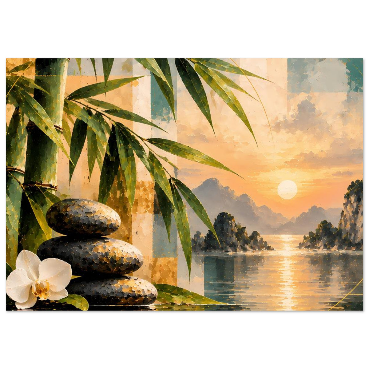 Poster im Querformat mit Zen-Landschaft: Bambus, Steine, Orchidee und goldener Himmelsszene am See
