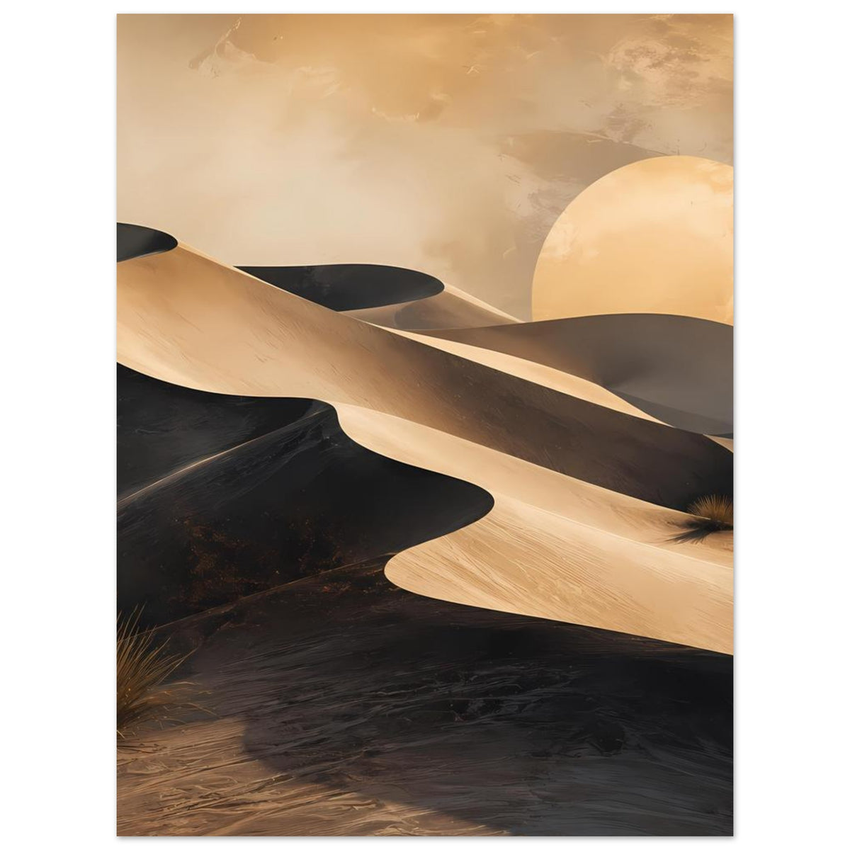 Wüstenposter: goldene Dünenlinie durch dunkle Sandflächen, großer Mond im Hintergrund