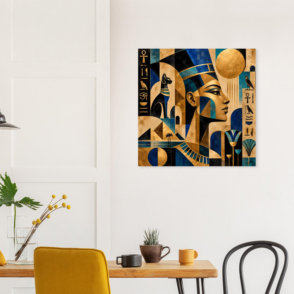 Quadratisches Wandposter mit ägyptischer Gesichtsillustration, Blau-Gold und Hieroglyphen