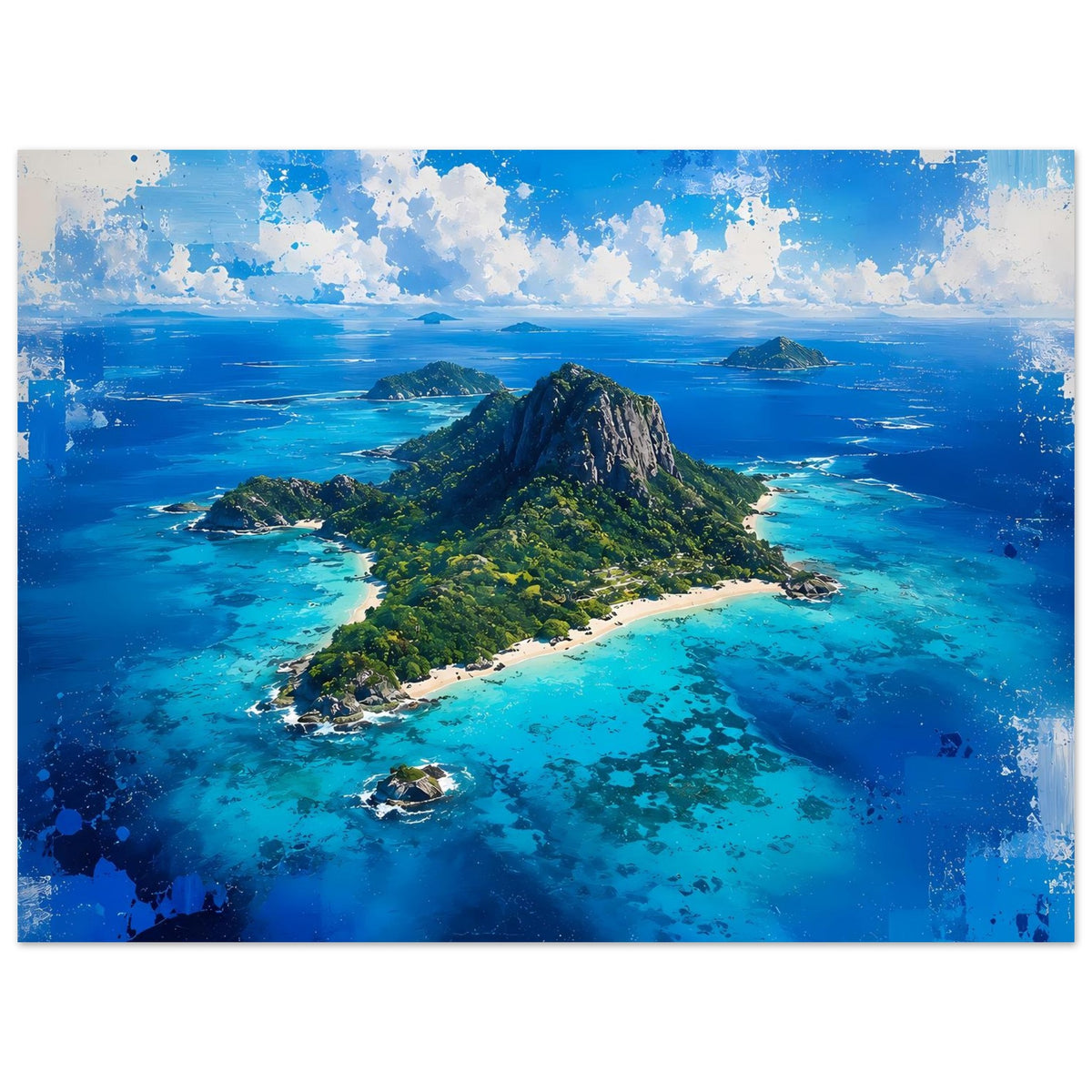 Tropisches Insel-Poster: Felsberg über türkisblauem Meer mit Sandinseln und Buchten