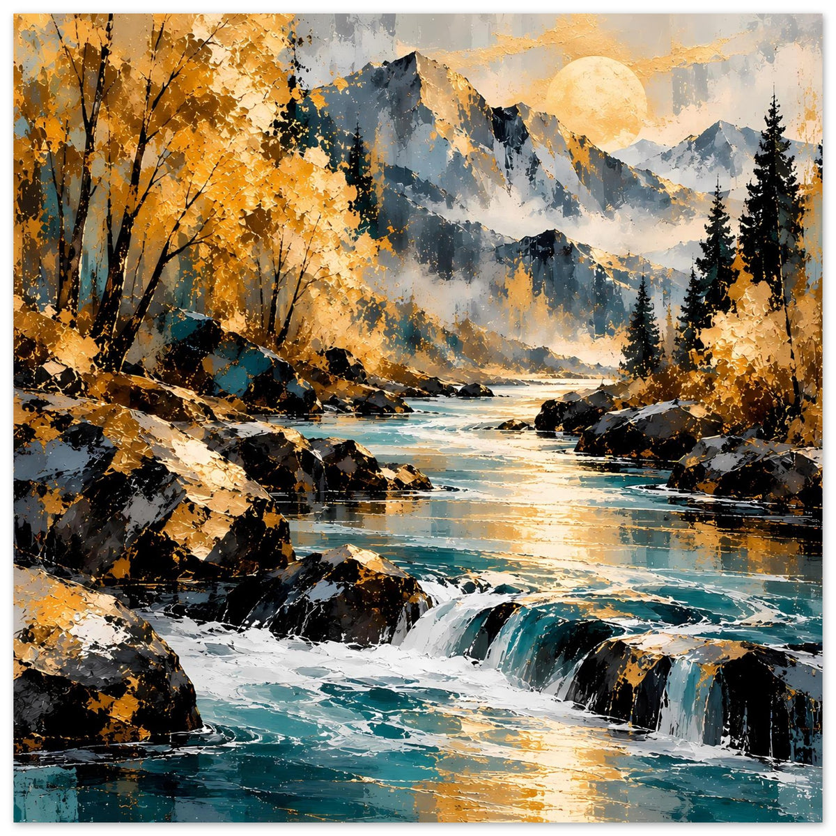Herbstlandschafts-Poster mit Wasserfall, türkisfarbenem Wasser, Felsen, goldenen Blättern