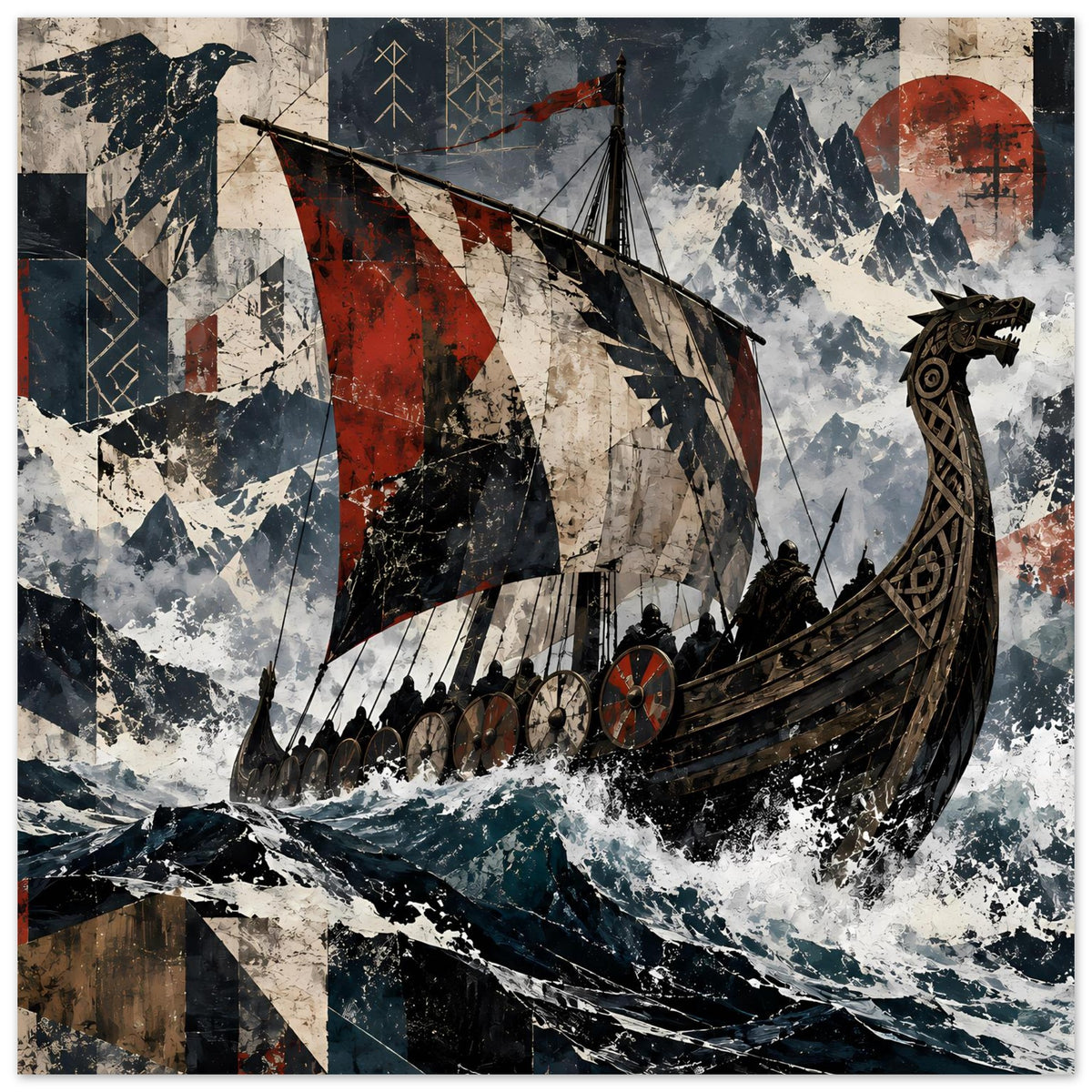 Wikingerschiff-Poster im Hochformat: Langschiff mit rot-gefleckten Segeln und kräftigen Strukturen