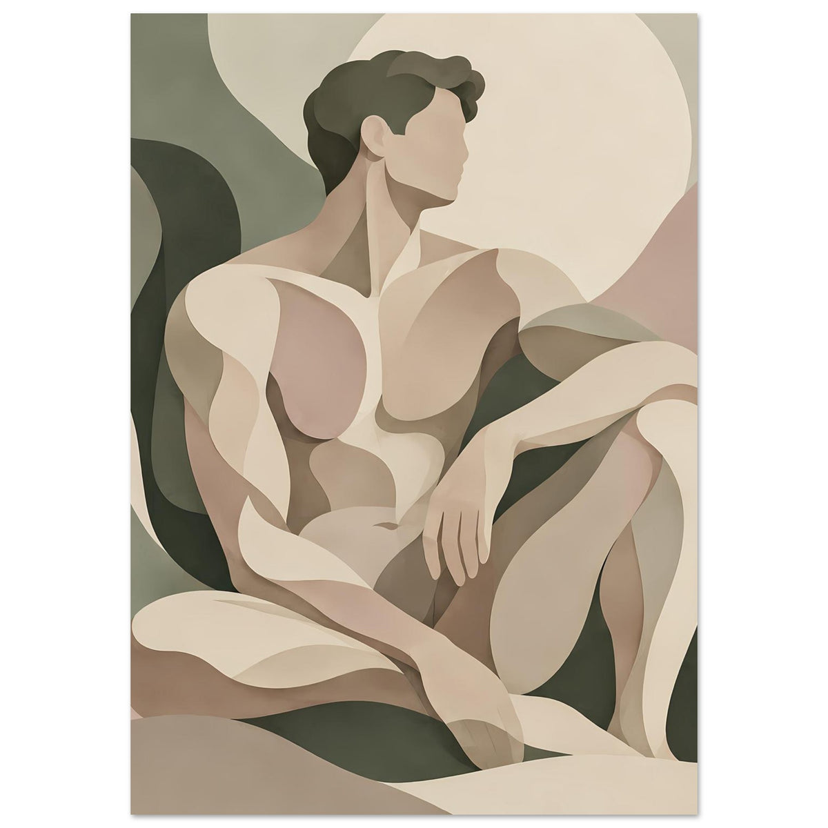 Abstrakter Posterprint im Hochformat: männliche Gestalt in Erdtönen, creme und grün