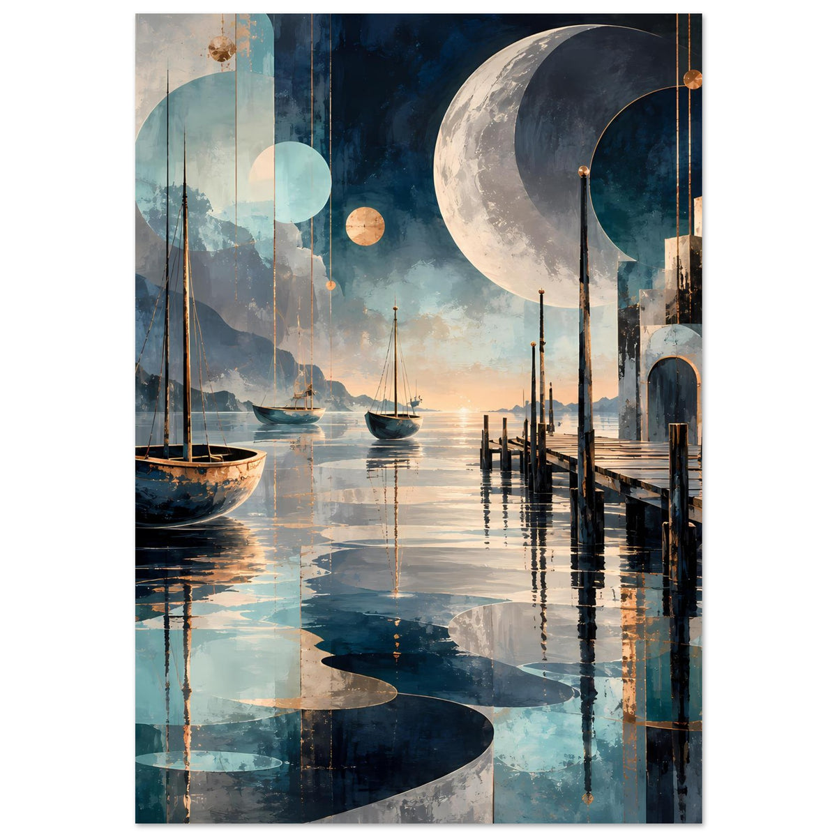 Maritimes Nachtposter mit Mondschein, Hafensteg und Segelbooten, Spiegelungen im Wasser