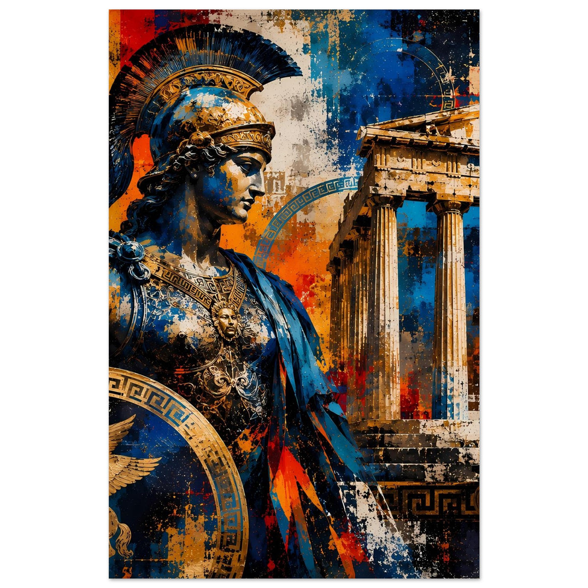 Griechisches Krieger-Poster mit Helm und Umhang, Blick zur Säulenfront