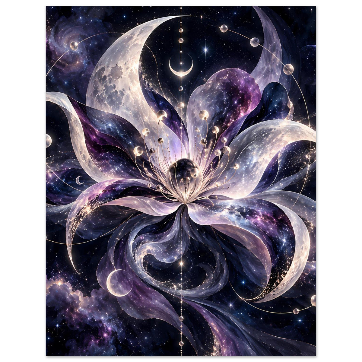 Kosmische Blüte mit Monden, Planeten und Sternen in violett-blauem Weltraum – Motivansicht 3