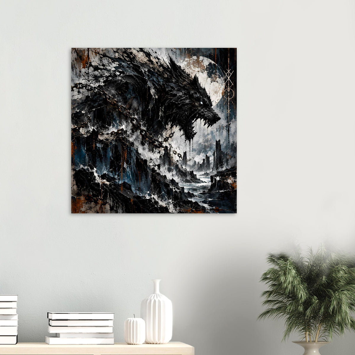 Quadratisches gerahmtes Wolfsposter mit stürmischer Landschaft in Schwarz-Blau