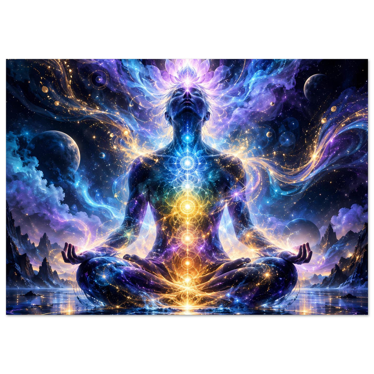 Spirituelles Poster mit sitzender Meditationsfigur und leuchtender Chakra-Kette im Querformat