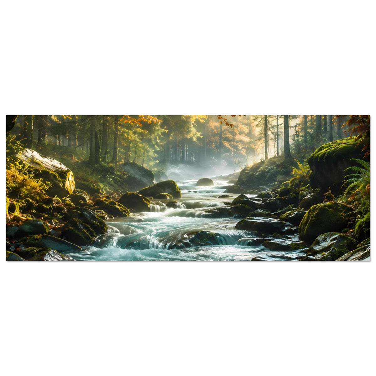 Horizontales Poster: Wasserfall-Landschaft im Wald mit türkisfarbenem Bach und moosigen Steinen