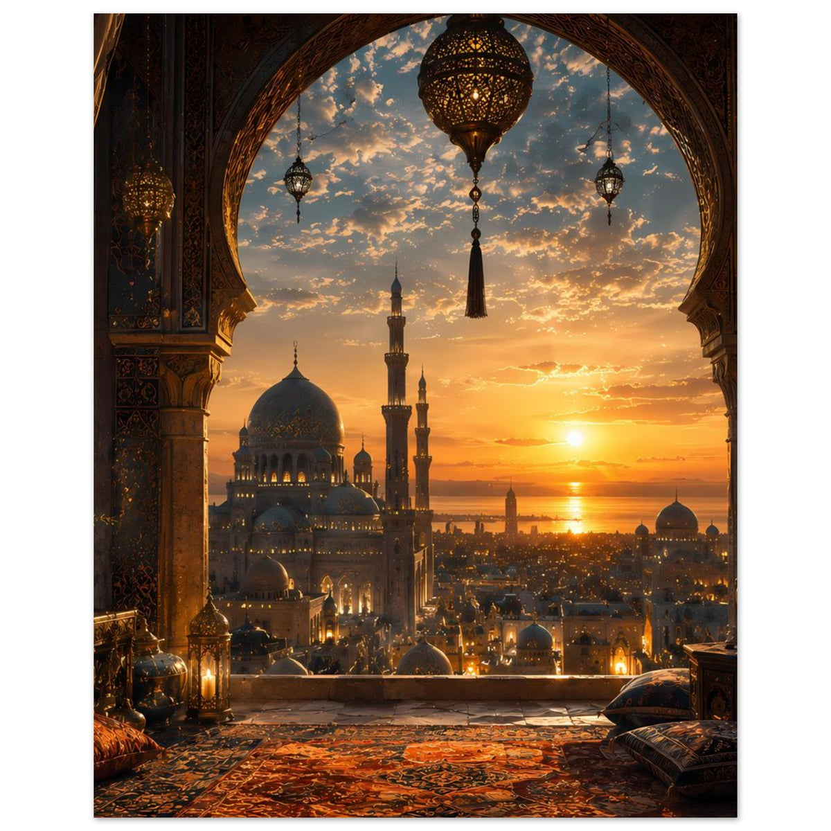Poster zeigt Moschee durch Rundbogen mit Minaretten, im goldenen Abendhimmel