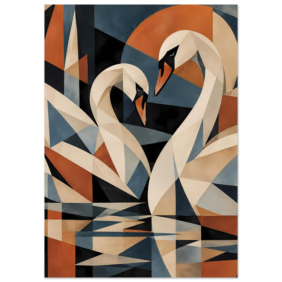 Kubistisches Schwanen-Poster im Hochformat, Ausschnitt eines Flügels in Blau und Beige