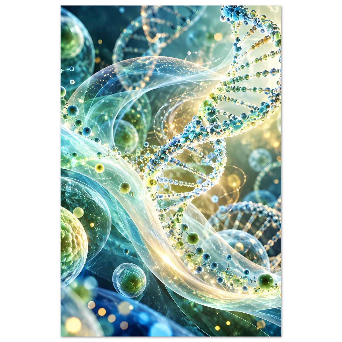Rechteckiges Poster mit DNA-Doppelhelix: leuchtend, grün-blaue Partikel und feine Verbindungsringe