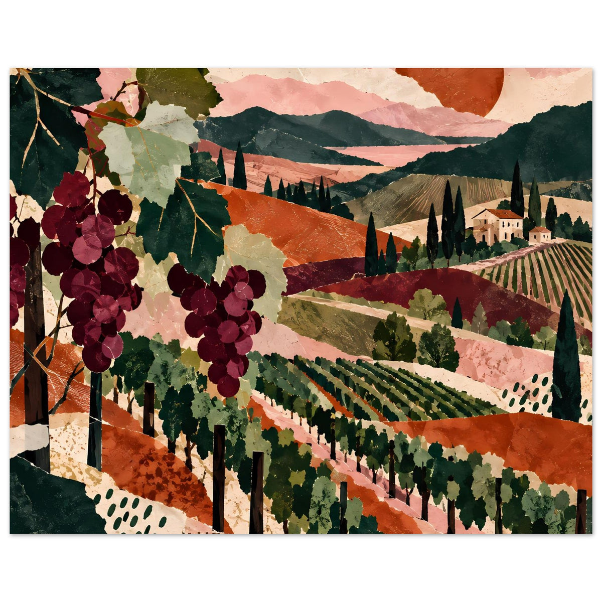 Weinreben-Landschaftsprint mit Trauben links, Weinbergshängen, dunklem Berg und Gebäude