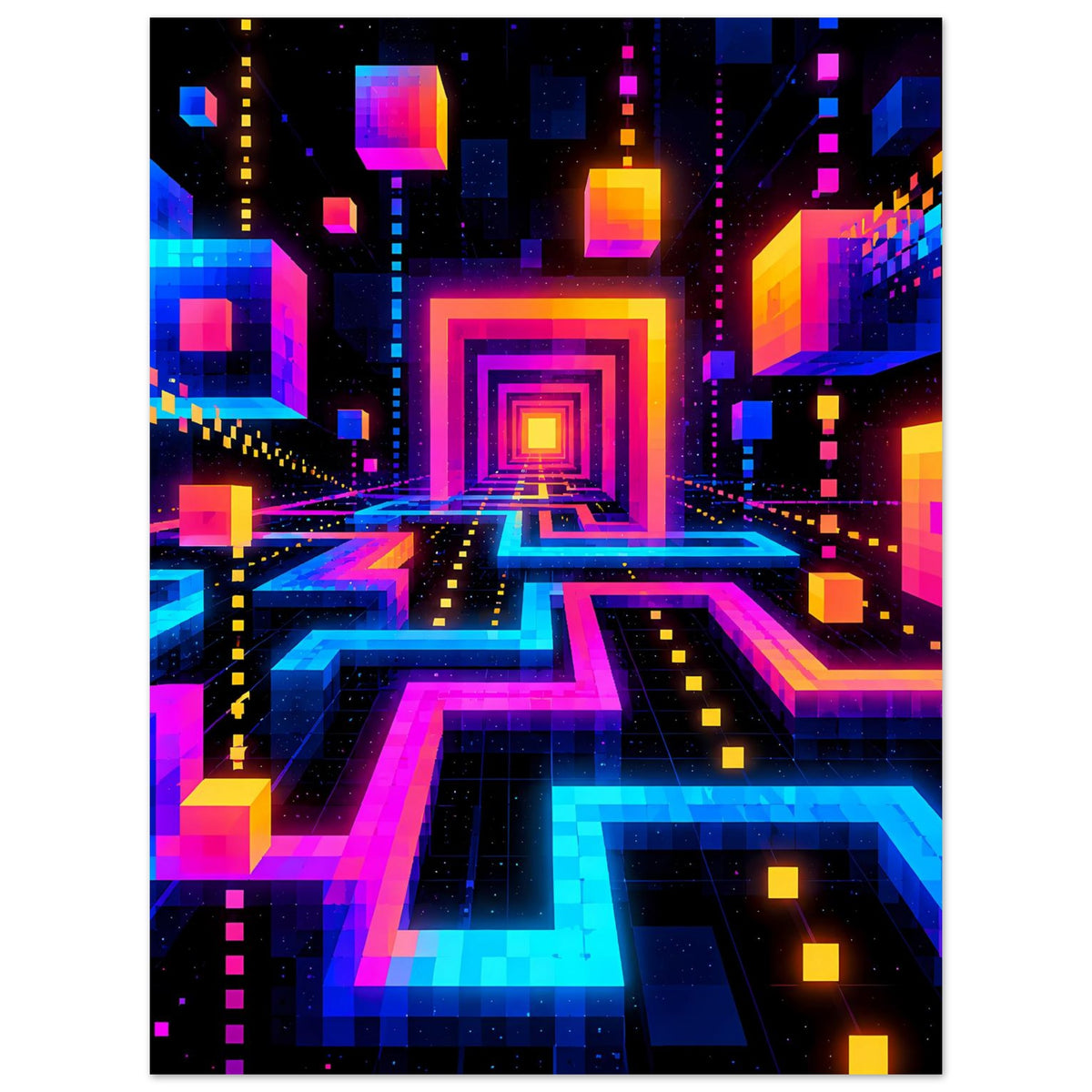Neon-Labyrinth-Science-Fiction-Poster mit geometrischen Korridoren in Pink, Blau und Gelb