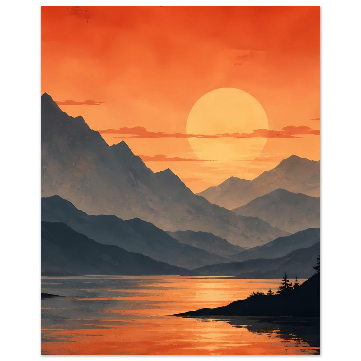 Hochformat-Poster: orange Himmelssonne über Bergsilhouetten und Ufer am See
