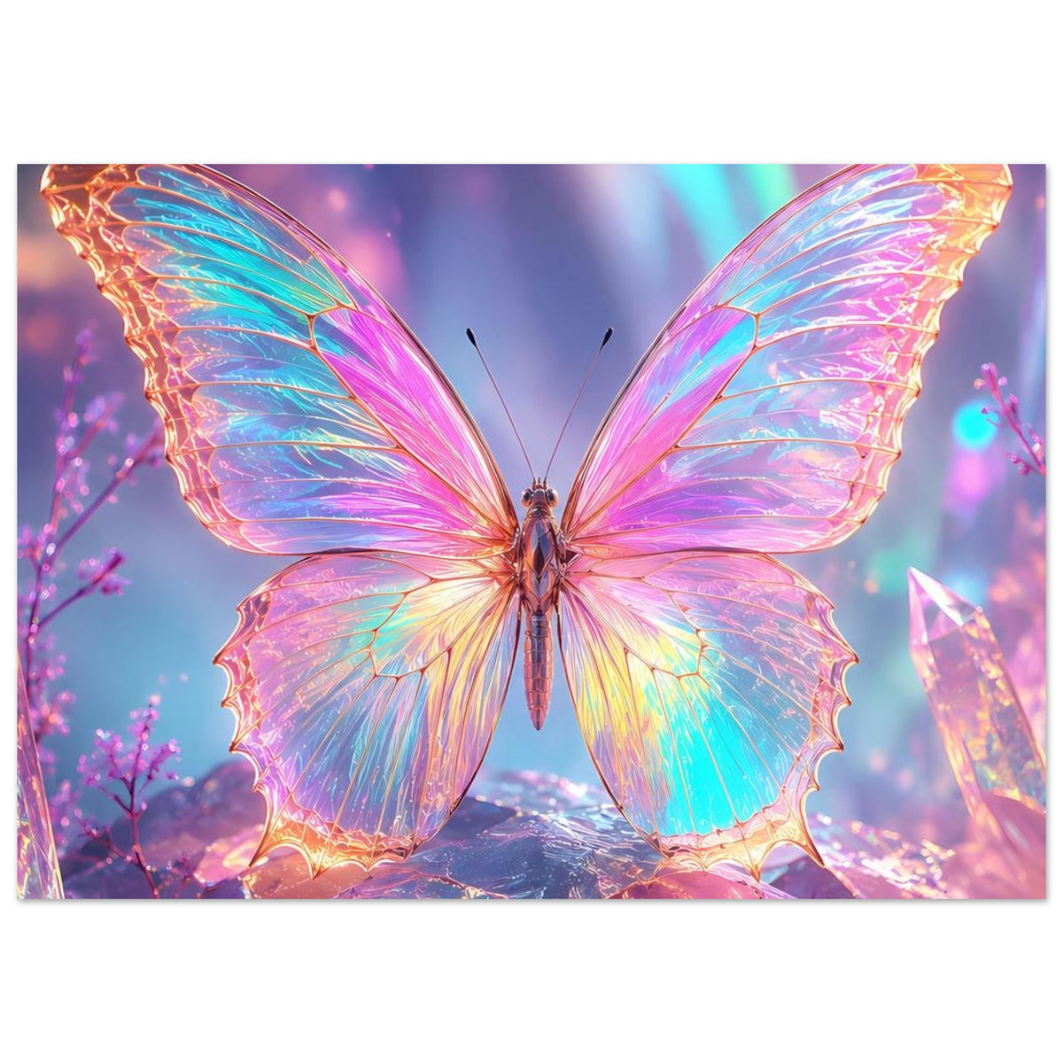 Fantasy-Poster mit zentriertem Regenbogen-Schmetterling zwischen Kristallen
