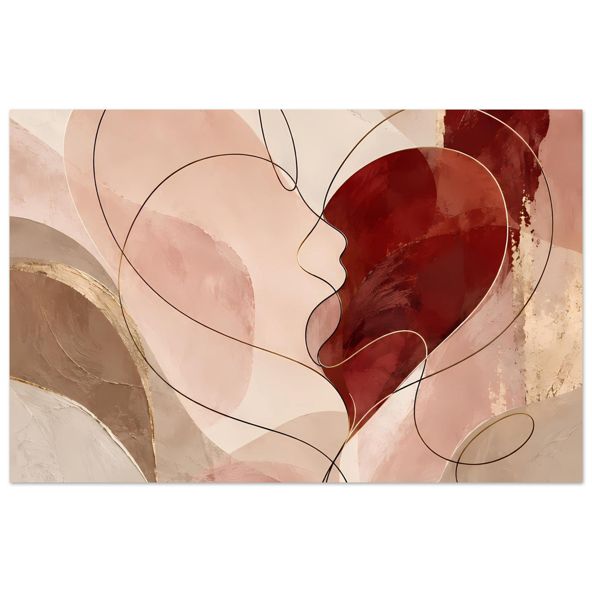 Abstraktes Herzposter, warmes Beige-Rosa mit dunkelrotem Herz und schwarzen Linien, querformatig