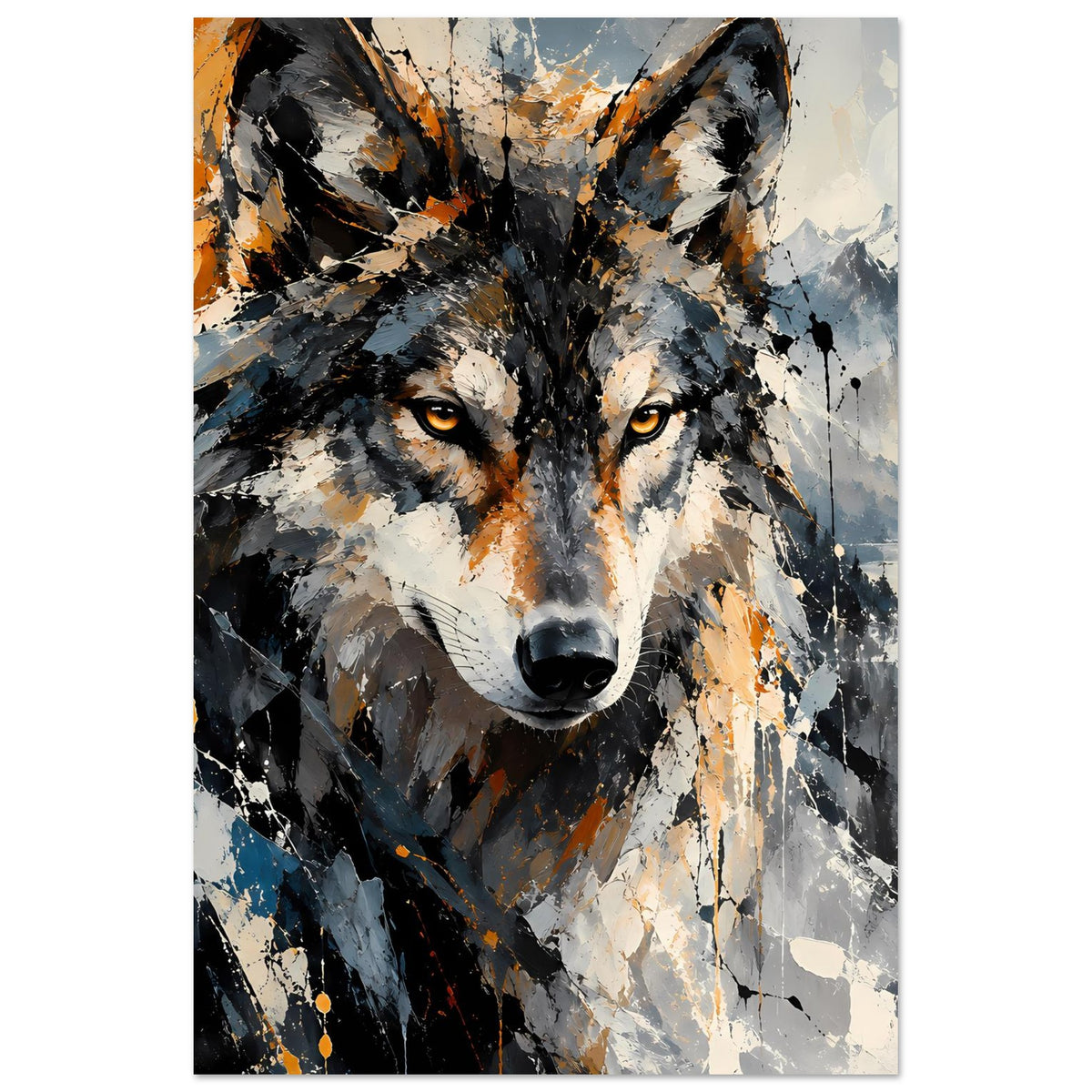 Wolf-Kunstposter, zentriertes Wolfsgesicht, Grau und Schwarz mit orangefarbenen Sprenkeln