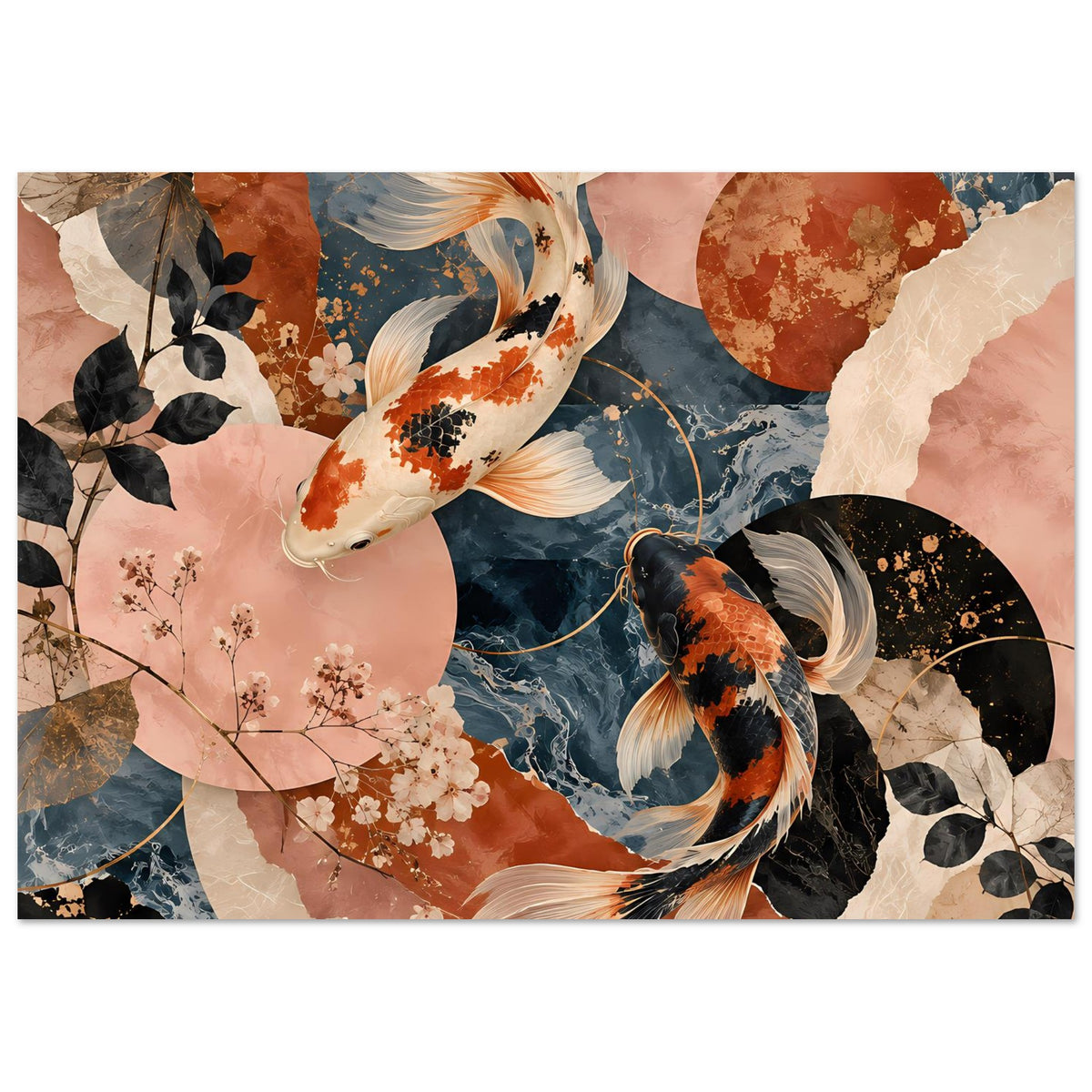 Koi-Fische-Poster, Collage mit Kreisen und Wellenlinien, Terrakotta- und Dunkelblau-Tönen