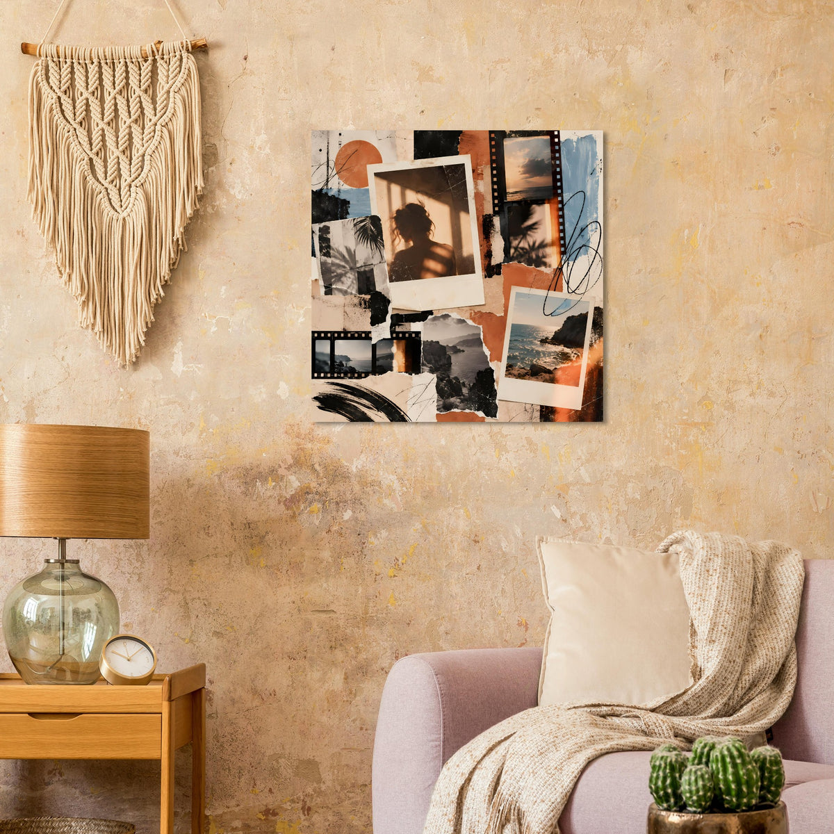 Wandposter mit Vintage-Fotomosaik: mehrere Polaroids, Filmstreifen und Collageelemente in warmen Tönen