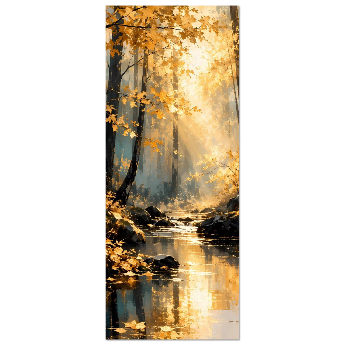 Vertikales Poster: Herbstbäume mit goldenem Leuchten und Wasserlauf im Licht