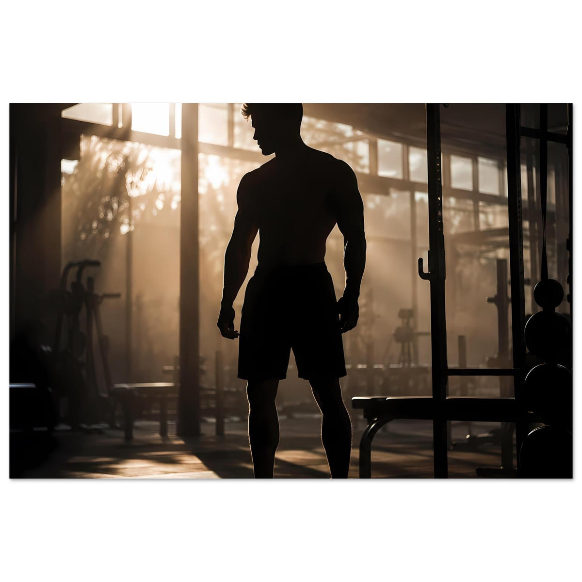 Fitness-Poster mit dunkler Silhouette eines Kraftsportlers in Shorts, vollansichtig