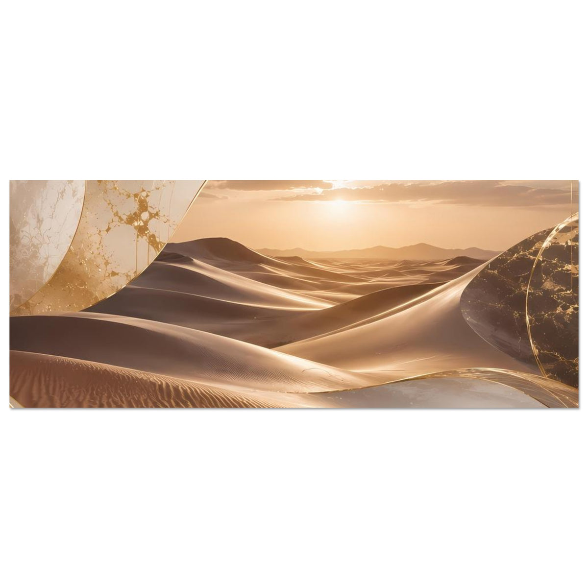 Wüsten-Poster mit gebogenen Sanddünen und goldenen Linien, warmes Beige und Dunkelbraun, horizontal