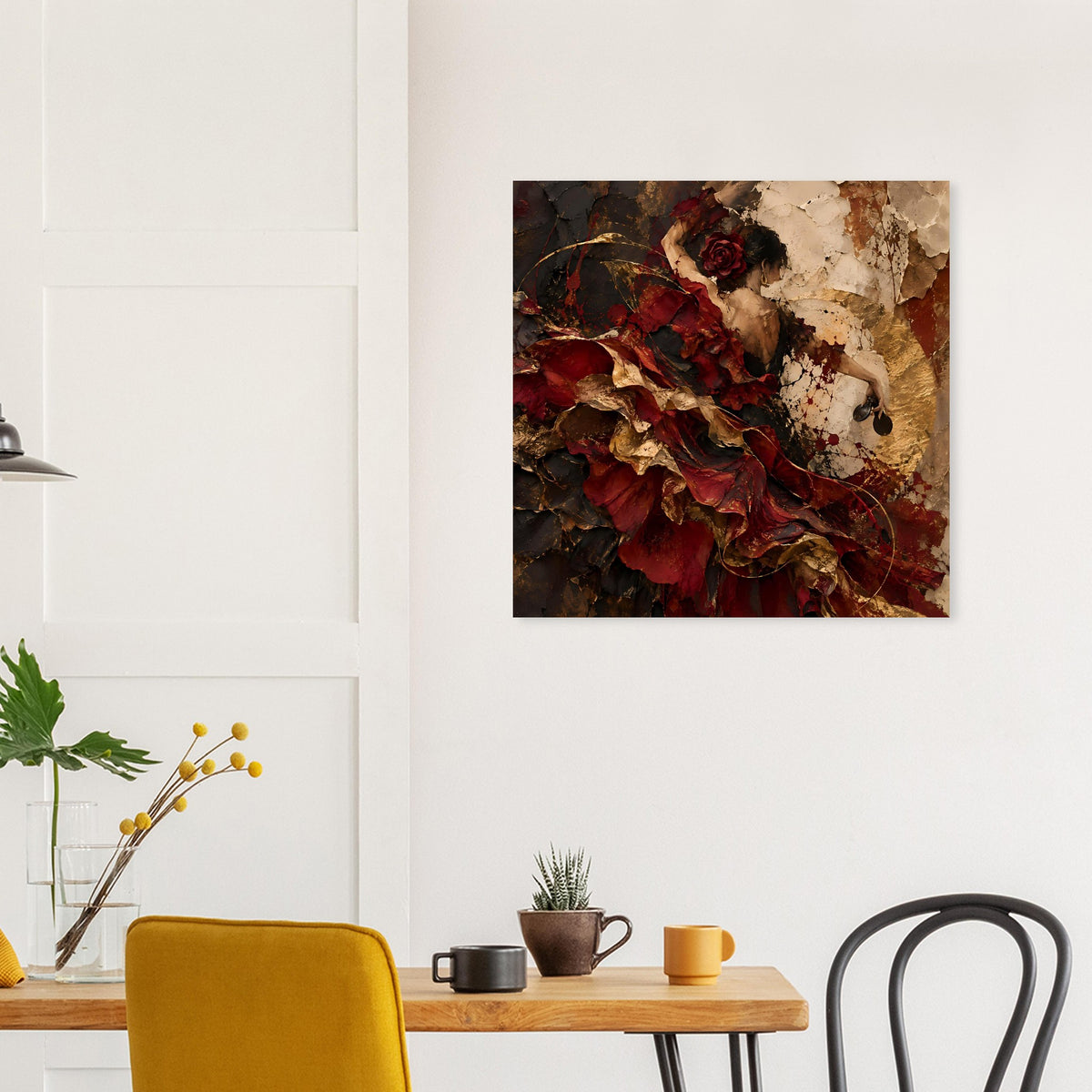 Wandposter mit roter Rosenblüte, Flamenco-Figur und schwarz-goldenen Spritztexturen