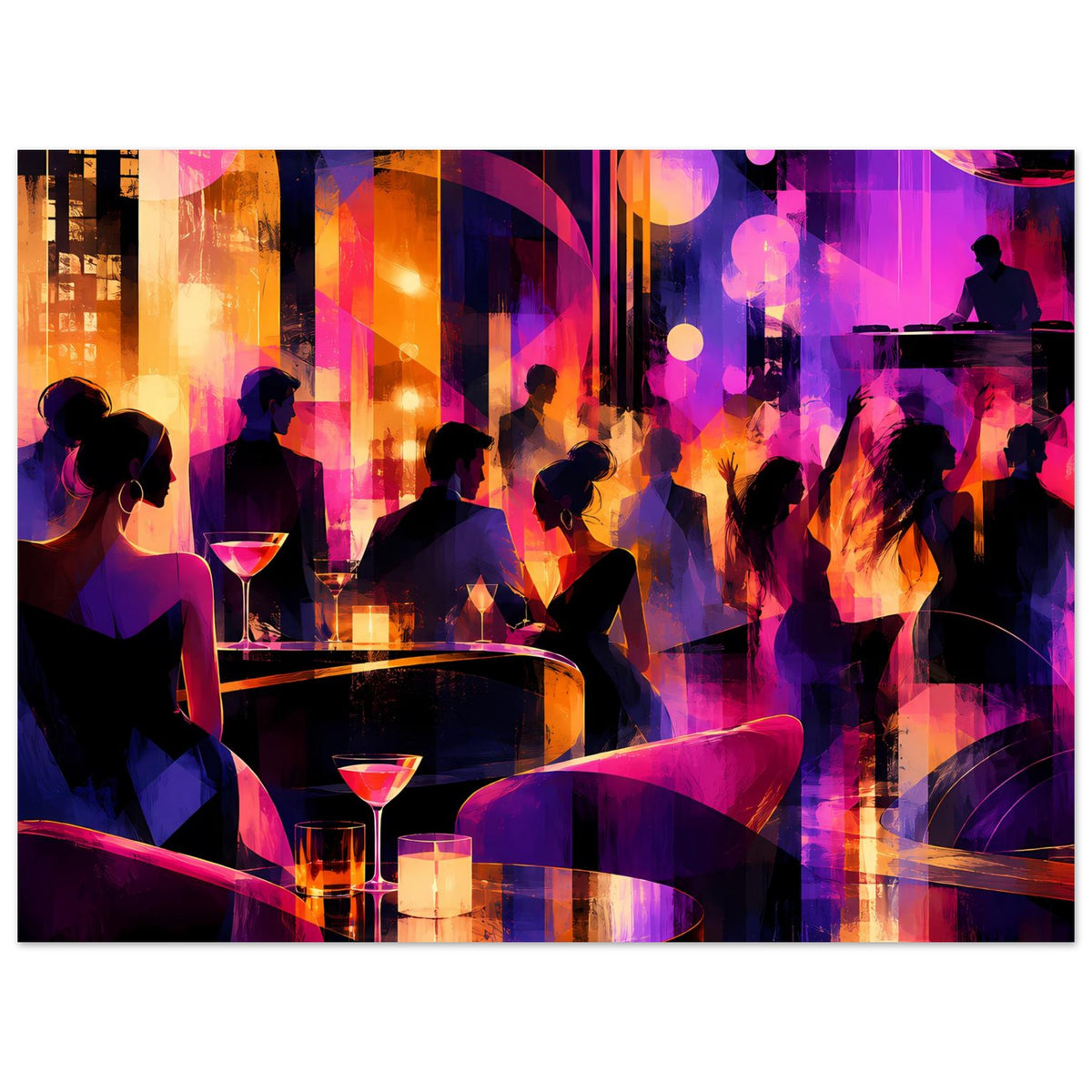 Nachtleben-Poster im Querformat mit Club-Szene, Barhockern und Drinks in Lila.
