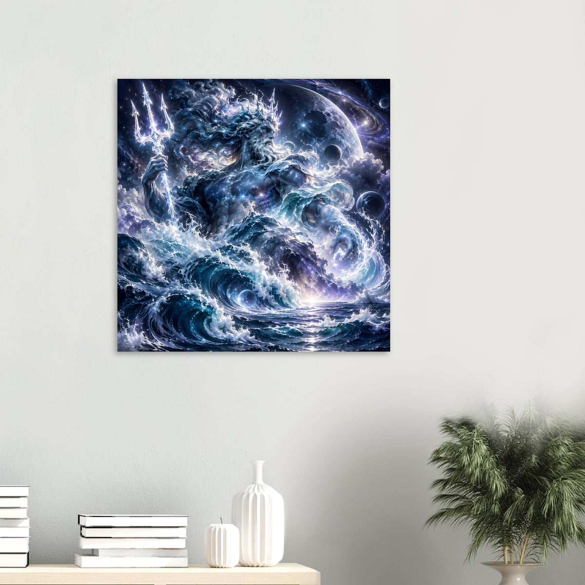 Wandposter im Quadratformat: Ozeangott über Wellen, blaues Leuchten und Planet