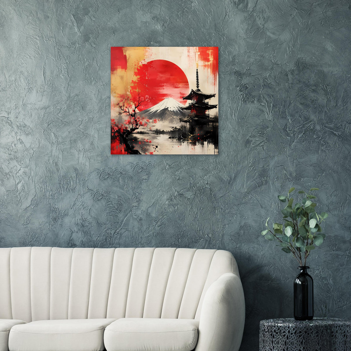Japanisches Poster mit roter Sonne, Fuji und Pagode, schwarze Tuschstriche und Kirschblüten