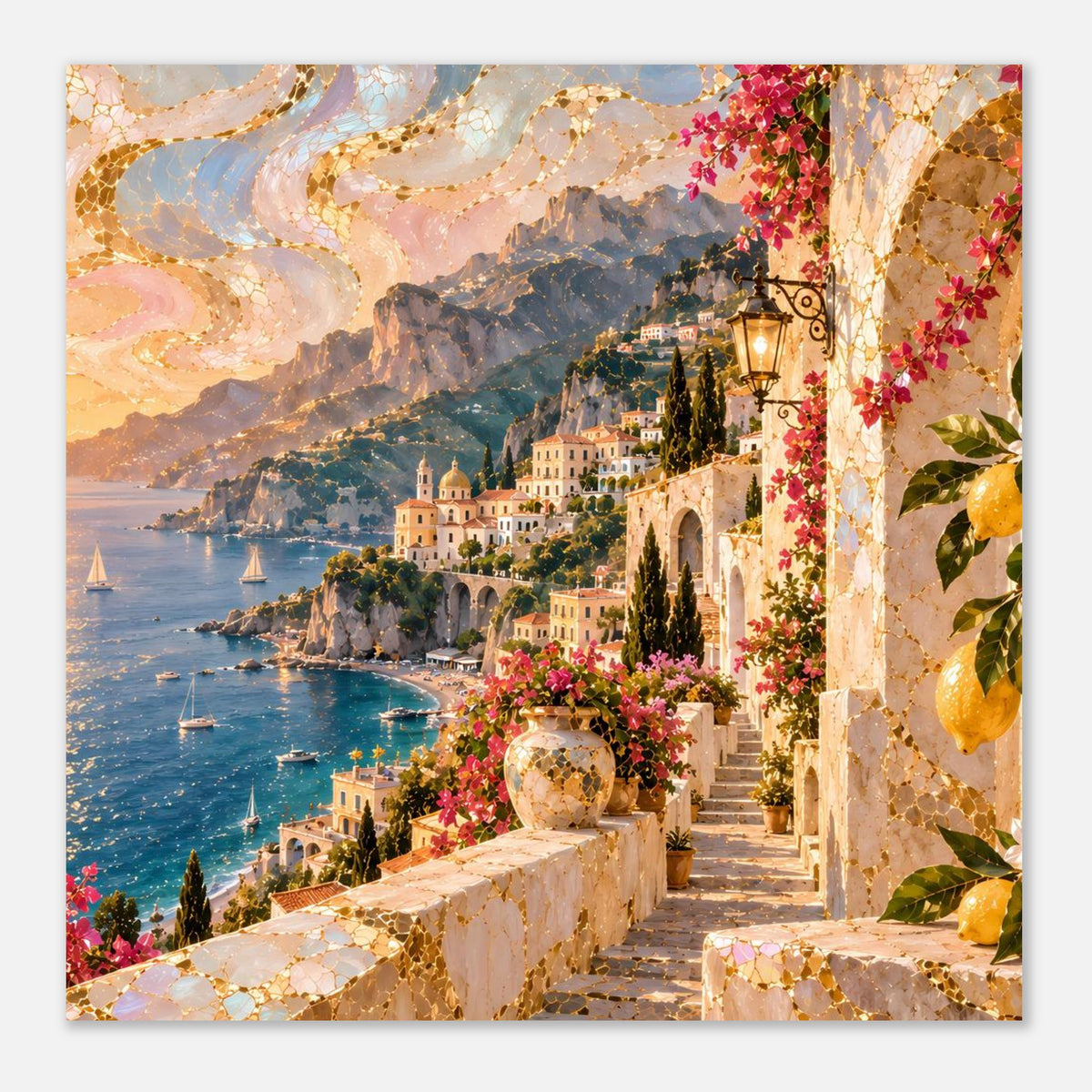 Wandposter rechte Bildhälfte: Steintreppe, Laterne, Blumenranken und Meer im Hintergrund