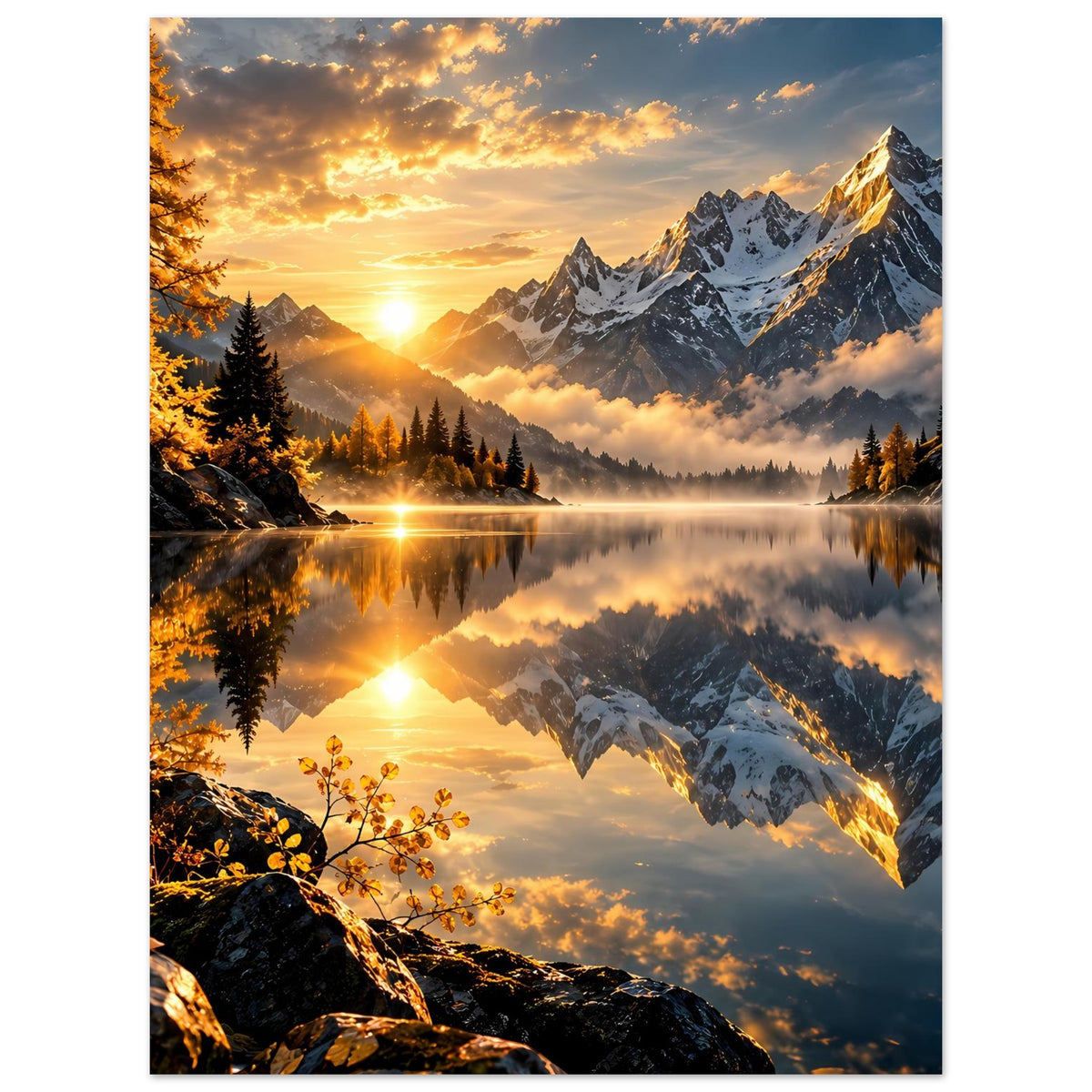 Wandposter mit goldenem Sonnenaufgang, Alpengipfeln und spiegelndem Bergsee
