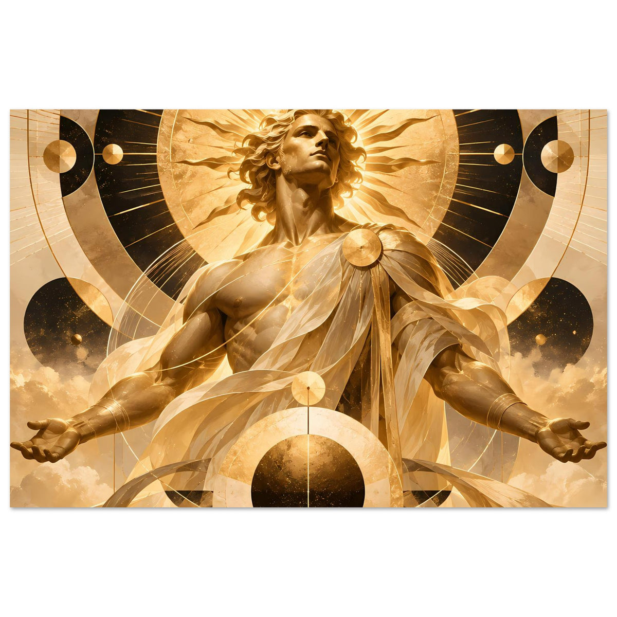 Poster mit goldene Engel-Gestalt, ausgestreckten Armen und leuchtenden Kreisornamenten