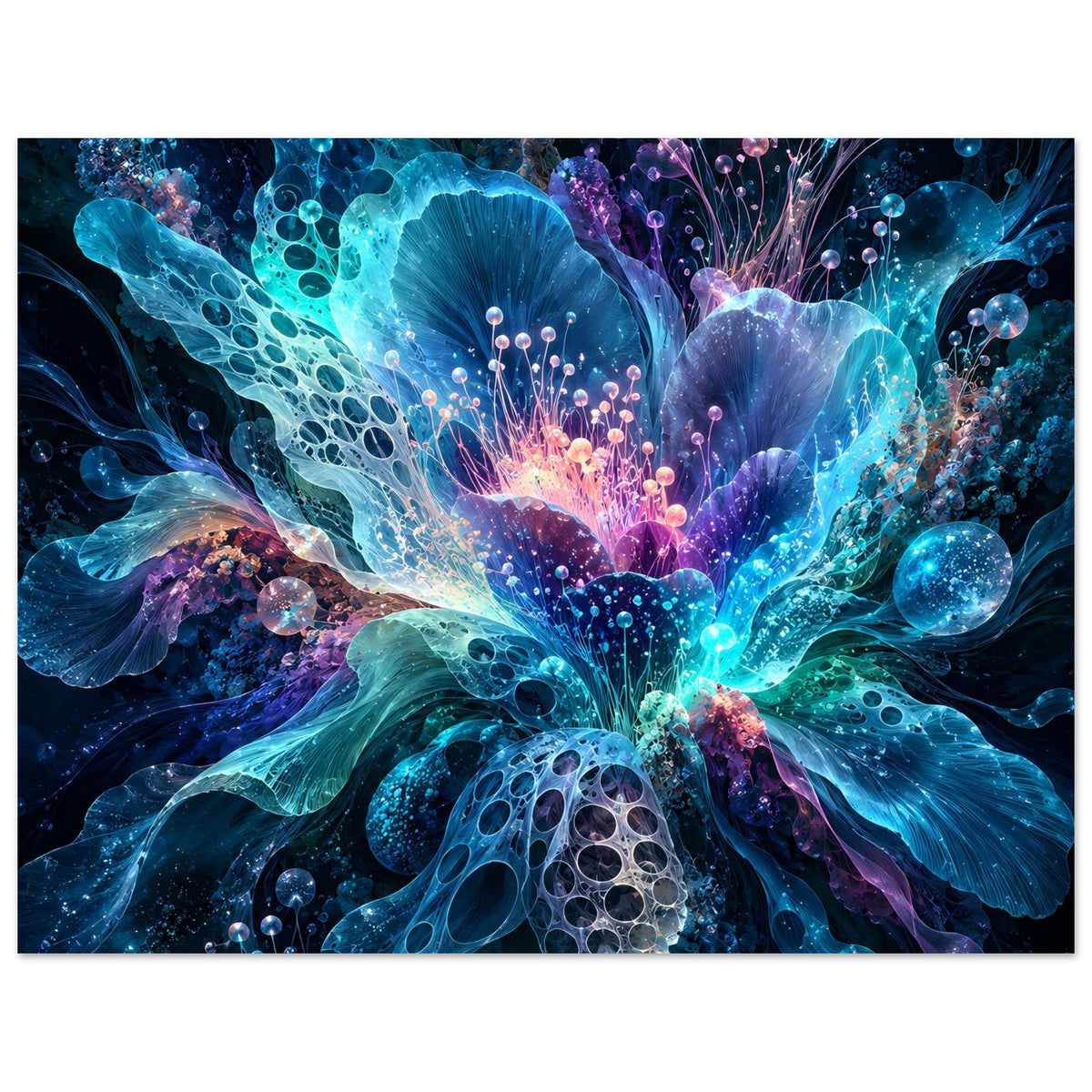 Leuchtendes Blumenposter, horizontal: blau-violette Blüte mit glühenden Punkten und Lichtfäden
