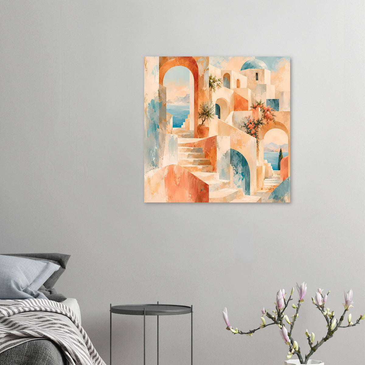 Wandposter (kleines Format) mit mediterranem Treppenmotiv, Bögen und warmen Orangetönen