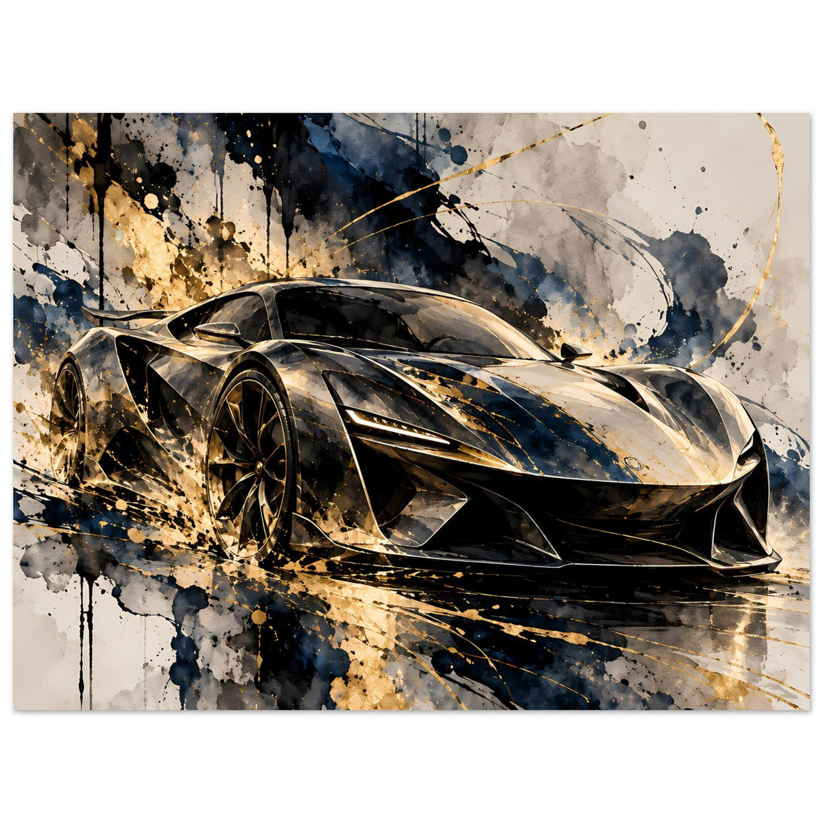 Poster: schwarzer Supersportwagen mit Goldakzenten, Spritzgrafik – Querformat