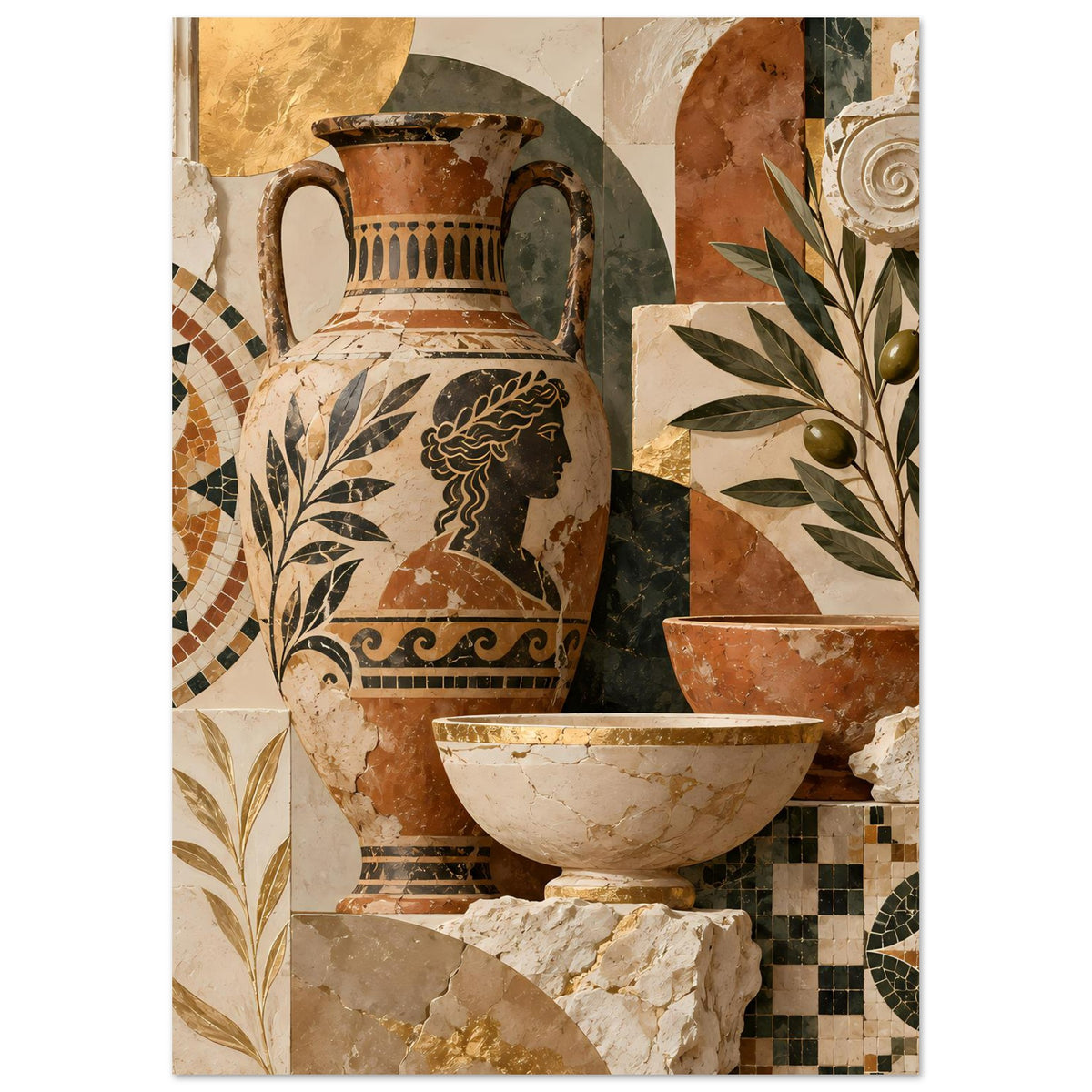 Mosaikposter (Hochformat) mit großer Keramikvase und Schale vor Musterfliesen