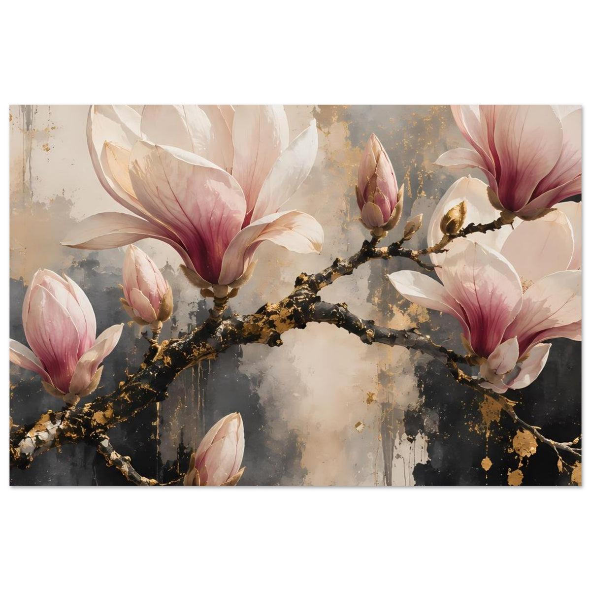 Breites Magnolienblüten-Poster mit goldfarbenem Ast, rosa-weißen Magnolien und wolkigem Hintergrund.