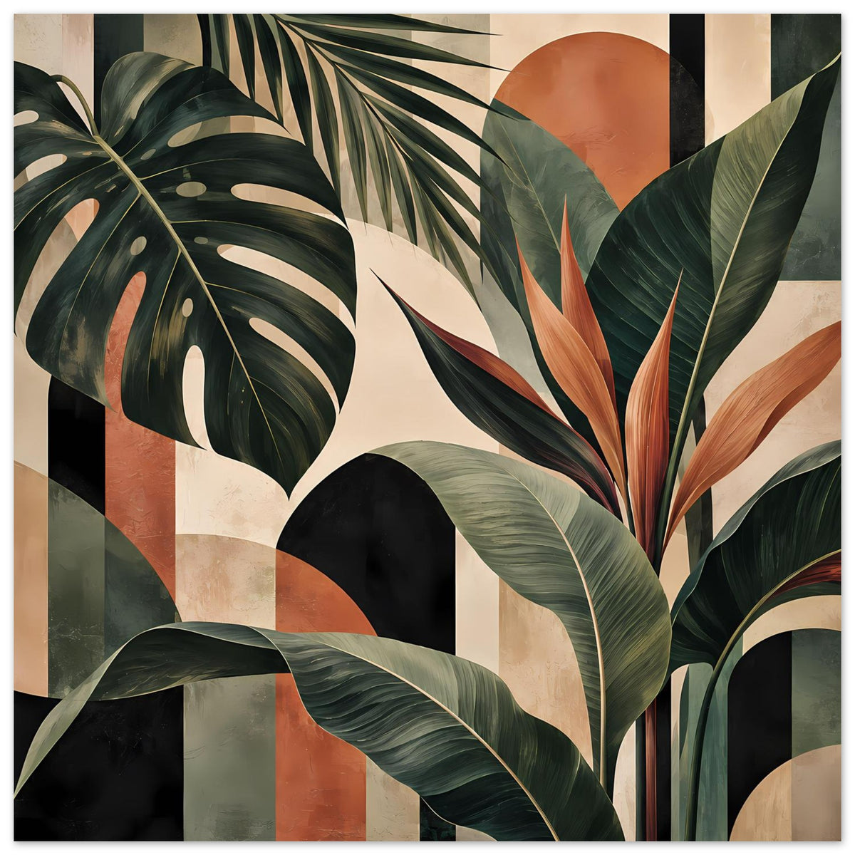 Botanisches Poster mit großen tropischen Blättern und orangefarbenem Kreis, schwarzer Rahmen