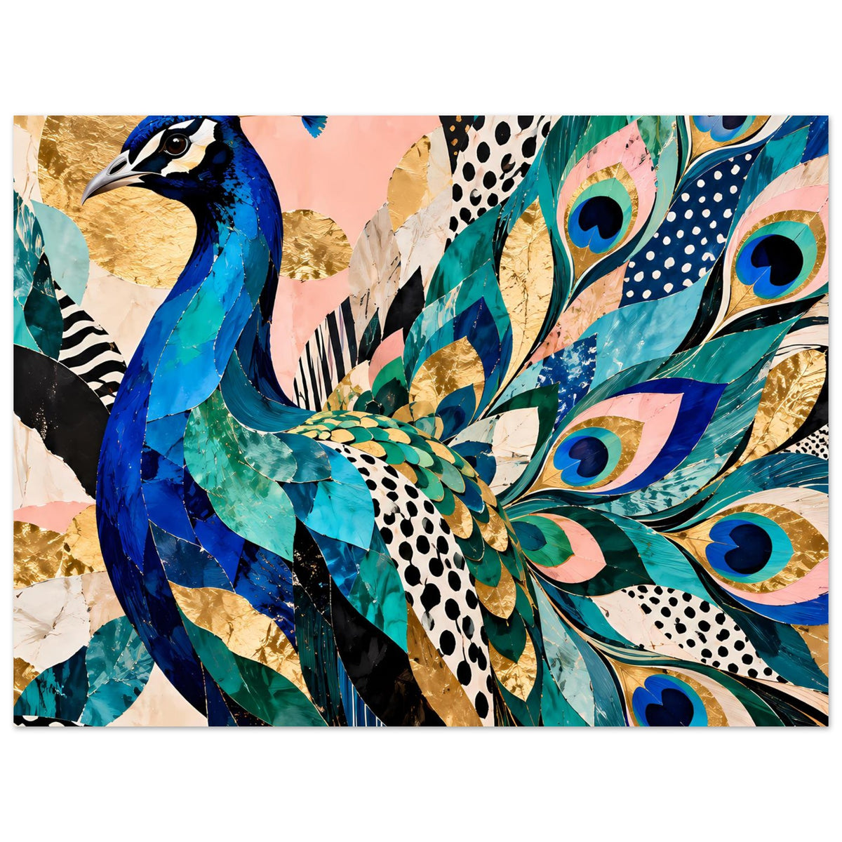 Kunstposter mit Pfauflügel im Detail, blau-türkise Federn, goldene Akzente und Punkte.