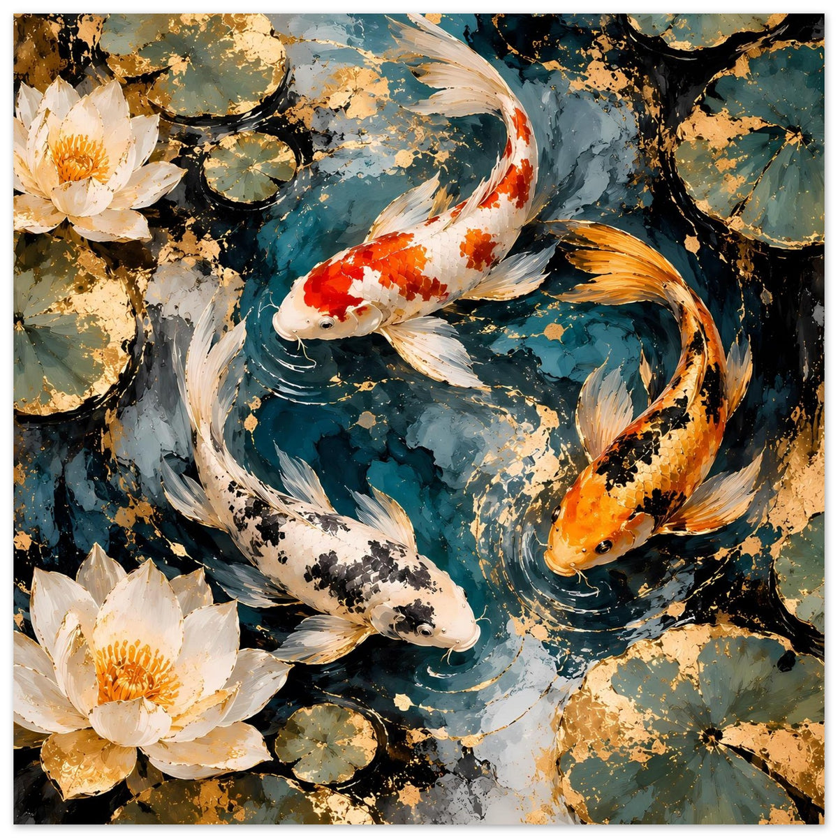 Koi-Pond-Kunstposter mit mehreren Koi-Fischen und Lotusblüten, abstrakte Spritzer in Blau und Gold.