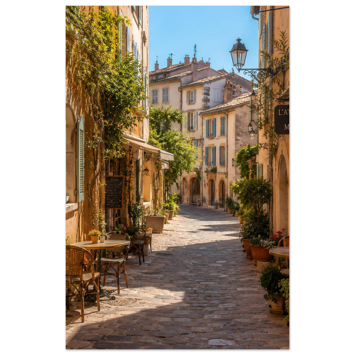 Poster in Hochformat: mediterrane Gasse mit Pflanzkübeln und Bistrostühlen am Rand