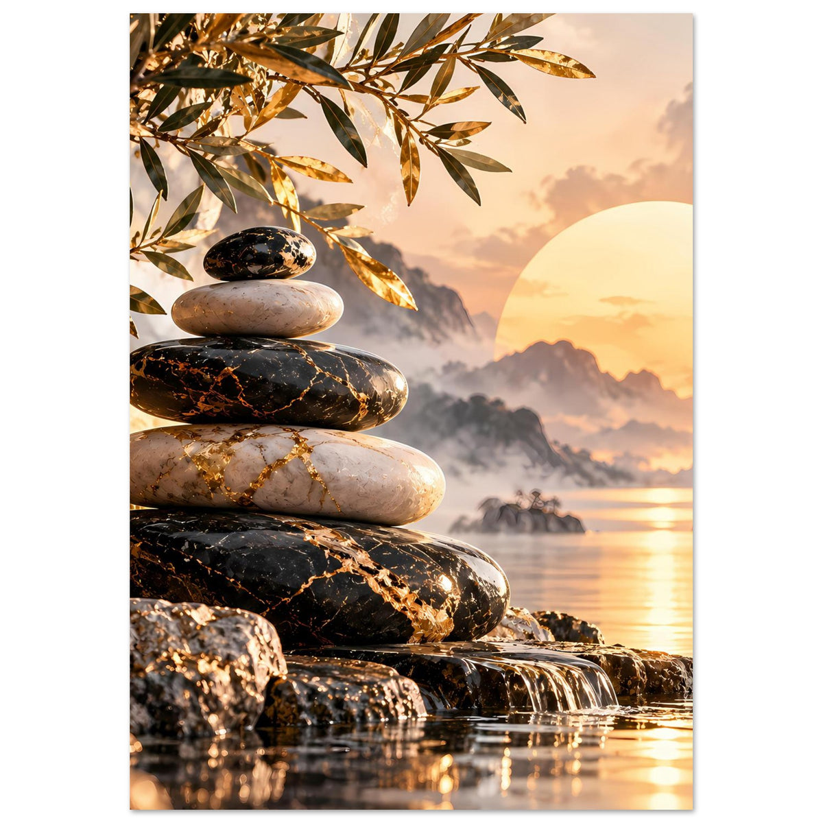Vertikales Poster mit Steinhaufen im Vordergrund und rundem Sonnenaufgang am Meer