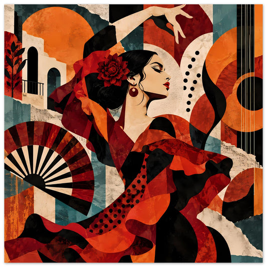 Tanzposter mit Flamencotänzerin in Rot, Schwarz und Orange, mit Fächer und Blumenhaube